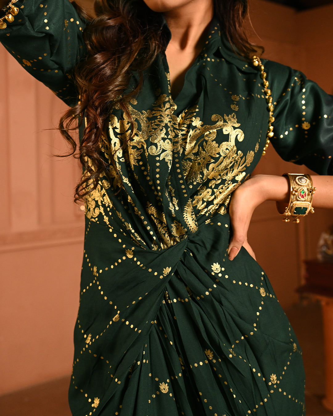 Designer Green Gold Embroidery Kaftan Dress for Women – Elegant Cocktail Party & Ethnic Fusion Wear