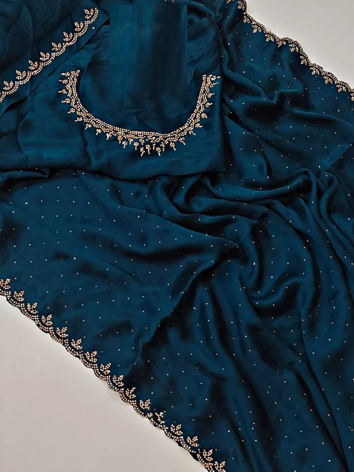 Traditional Wedding Pure Soft Satin Chiffon Saree,Stylish Sari And Blouse