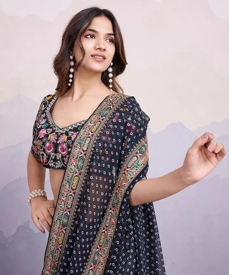 Georgette With Digital Print &Embroidery Work Sari With Blouse
