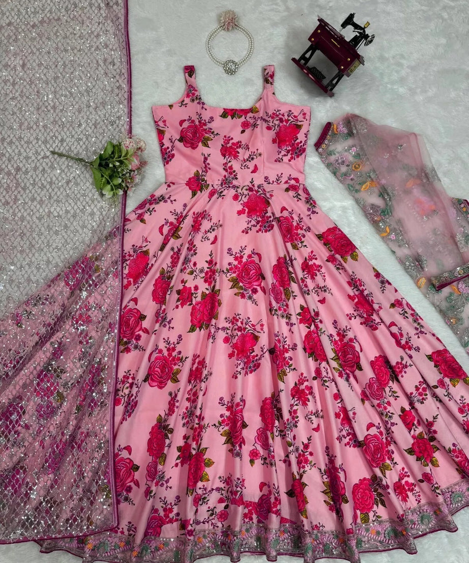 Butterfly Net With Thread & Sequence Work Bollywood Style Top Lehenga & Dupatta