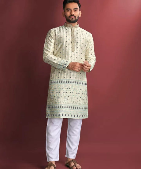 Stitched Heavy Jacquard Silk Indian Traditional Look Kurta Pajama For Men's