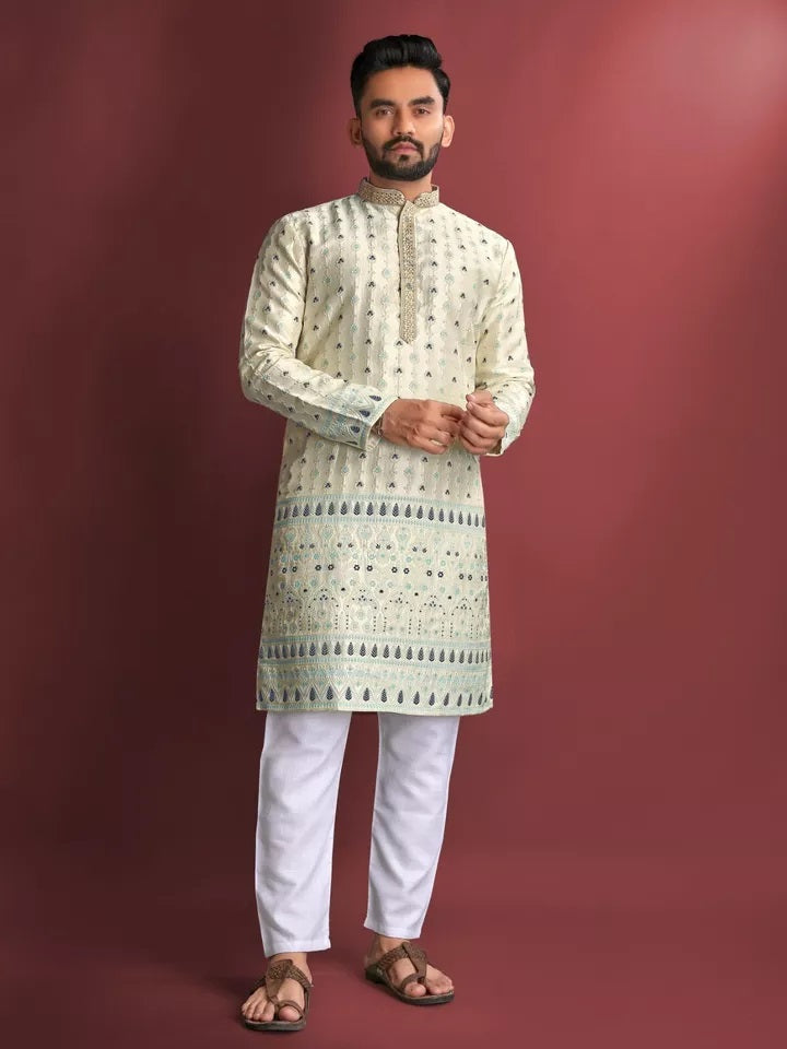 Stitched Heavy Jacquard Silk Indian Traditional Look Kurta Pajama For Men's