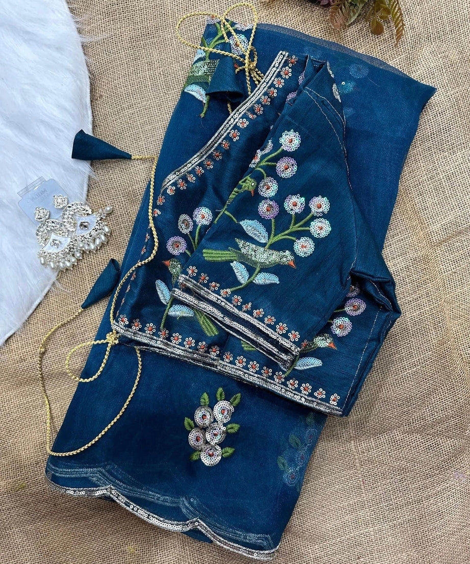 Soft Organza Saree With Embroidery Sequence Work Sari With Blouse