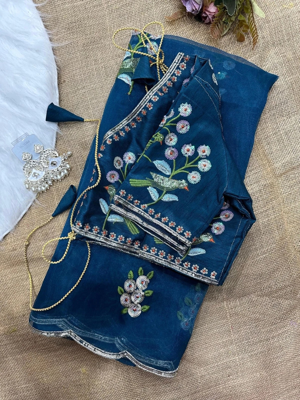 Soft Organza Saree With Embroidery Sequence Work Sari With Blouse