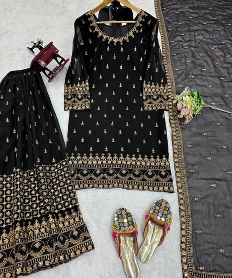 Faux Georgette With Thread & 9MM Sequence Work Top Palazzo & Duppata
