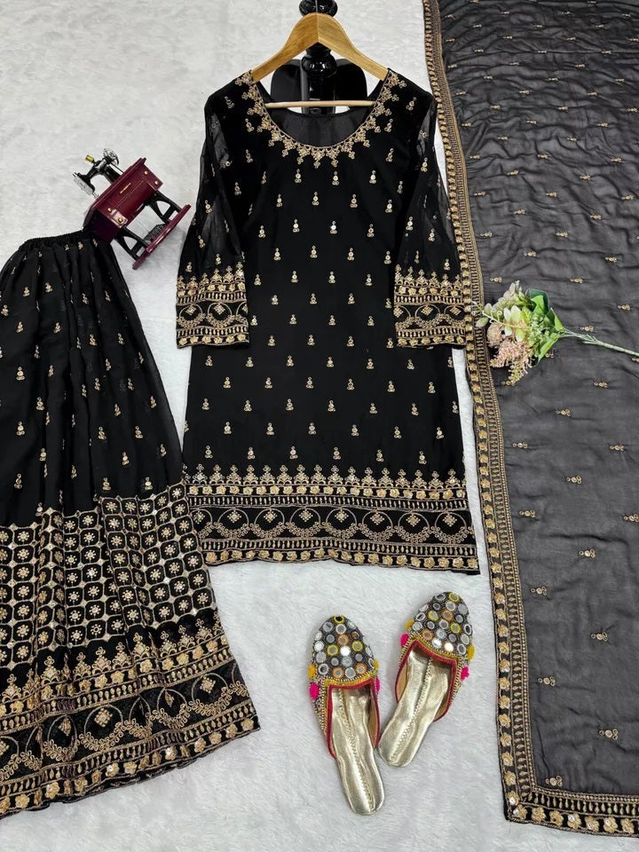 Faux Georgette With Thread & 9MM Sequence Work Top Palazzo & Duppata