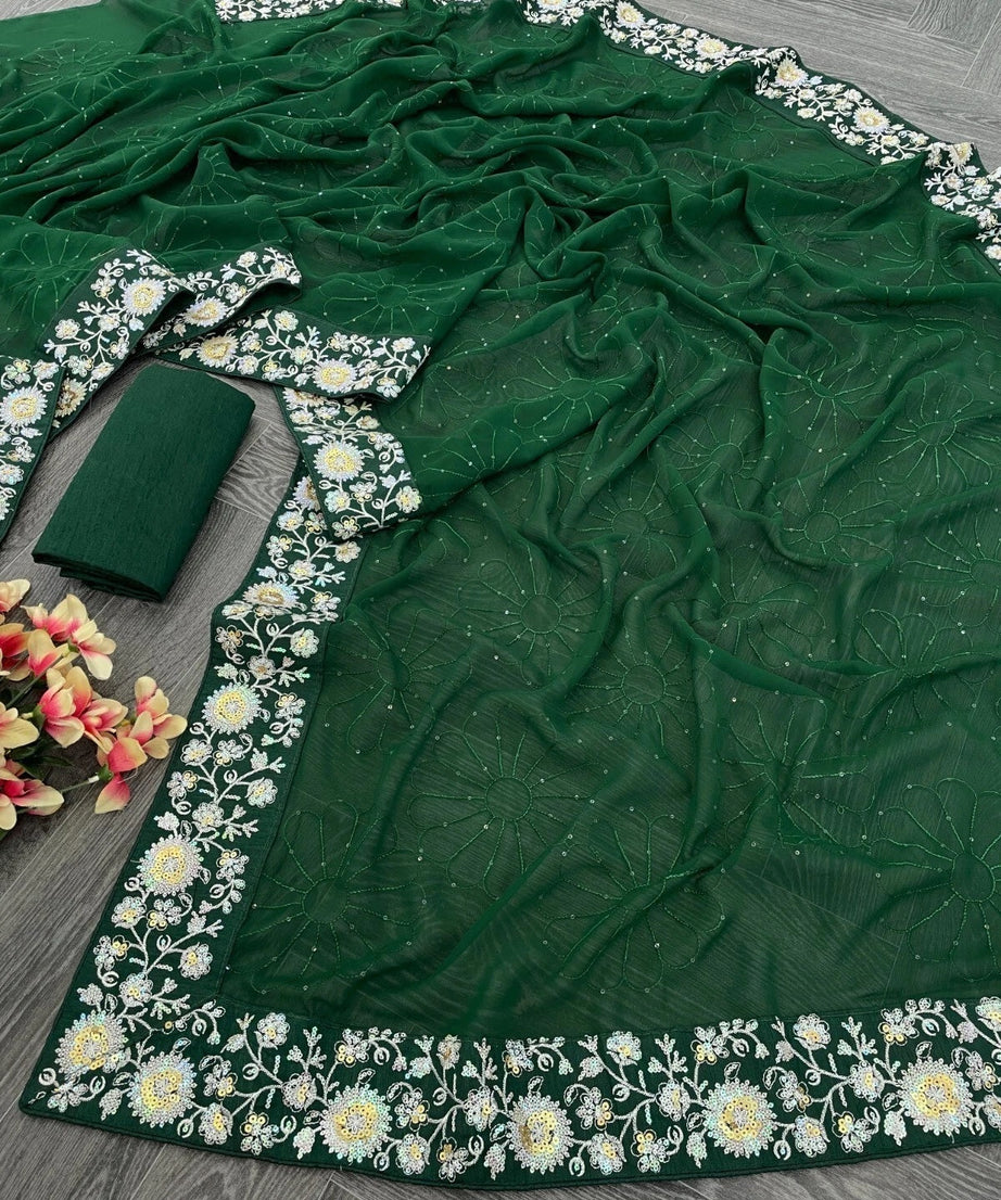 Women's , Beautiful Georgette Festival Wedding Wear Sari & Blouse