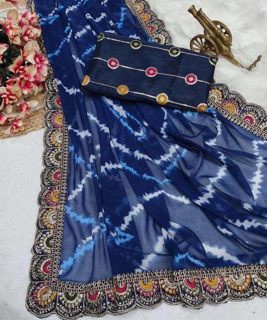 Soft Georgette Sari With Bhandhej Print And Designer Sari & Blouse