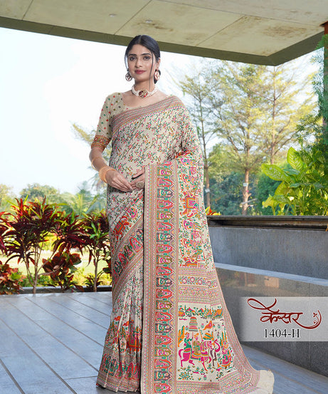 Traditional Printed Beautiful Soft Pure Silk Sari With Blouse