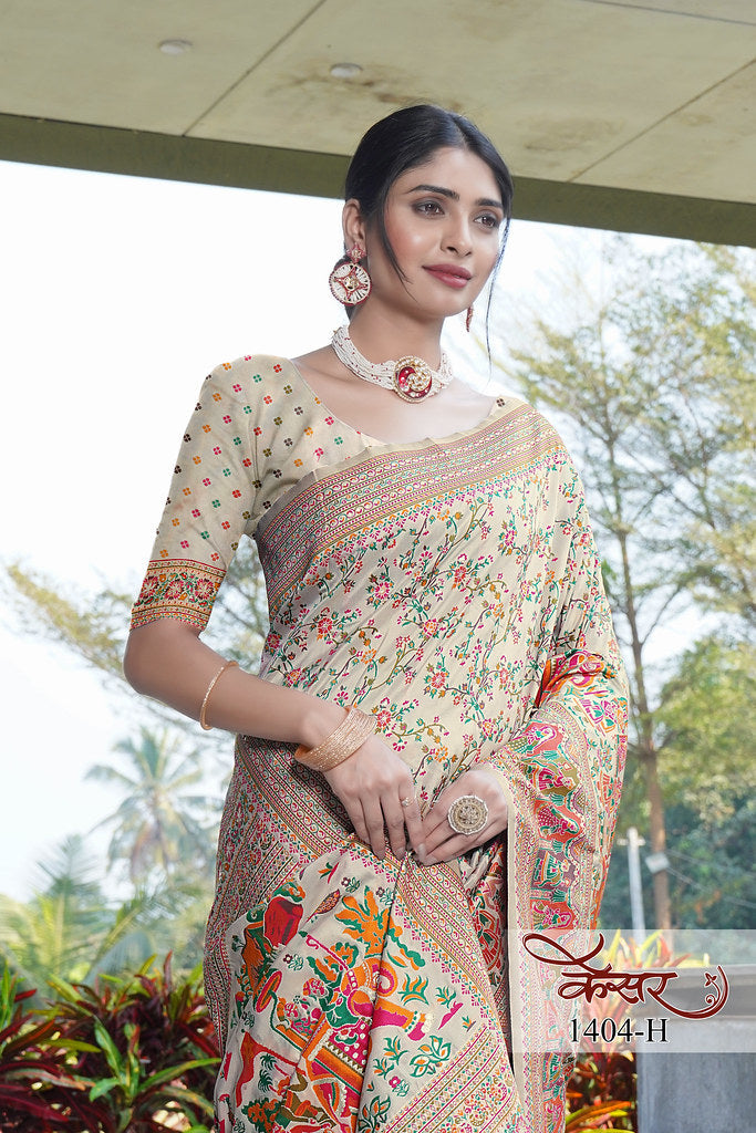 Traditional Printed Beautiful Soft Pure Silk Sari With Blouse