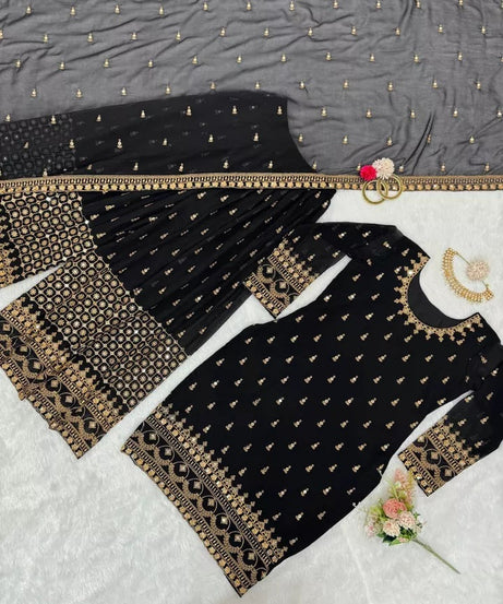 Faux Georgette With Thread & 9MM Sequence Work Top Palazzo & Duppata