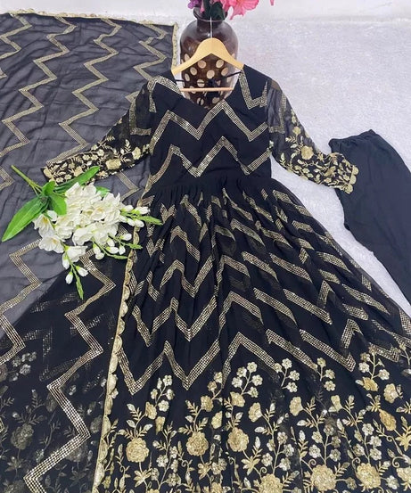 Fox Georgette With Embroidery Work With Full Sleeve Gown Bottom Dupatta Set