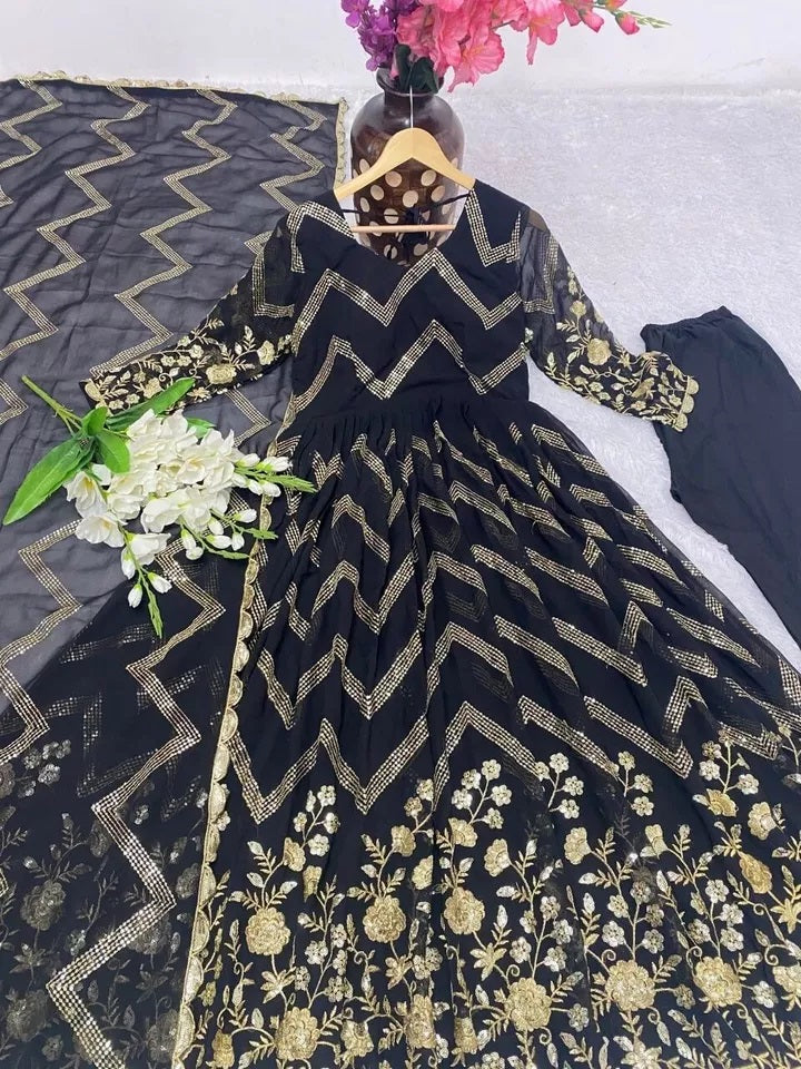 Fox Georgette With Embroidery Work With Full Sleeve Gown Bottom Dupatta Set