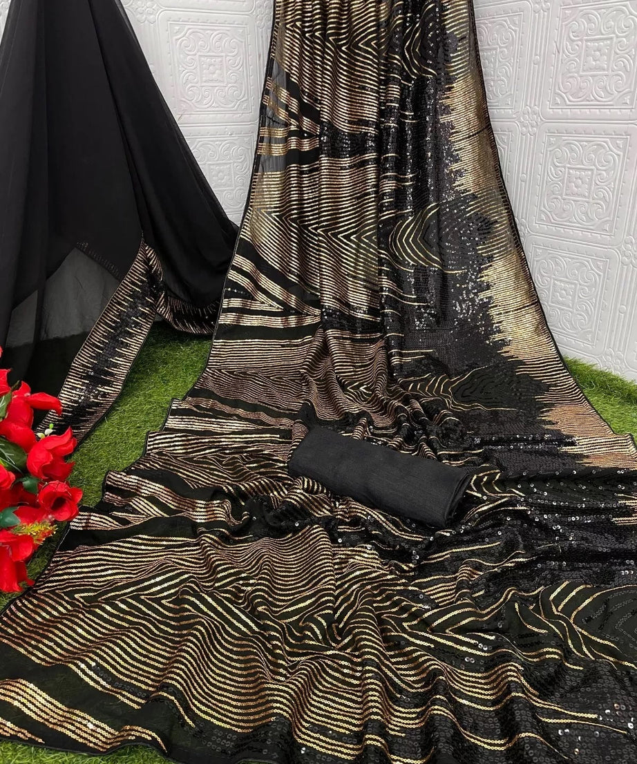 Georgette Embroidery Work Sequence Lace Work Saree,Party Wear Sari