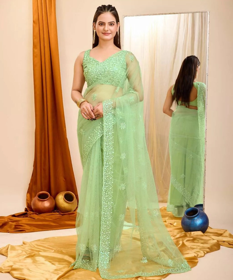 Soft Net  3MM Sequence Embroidery Work Saree & Blouse