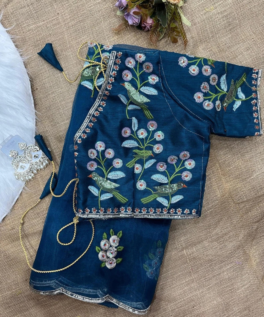 Soft Organza Saree With Embroidery Sequence Work Sari With Blouse