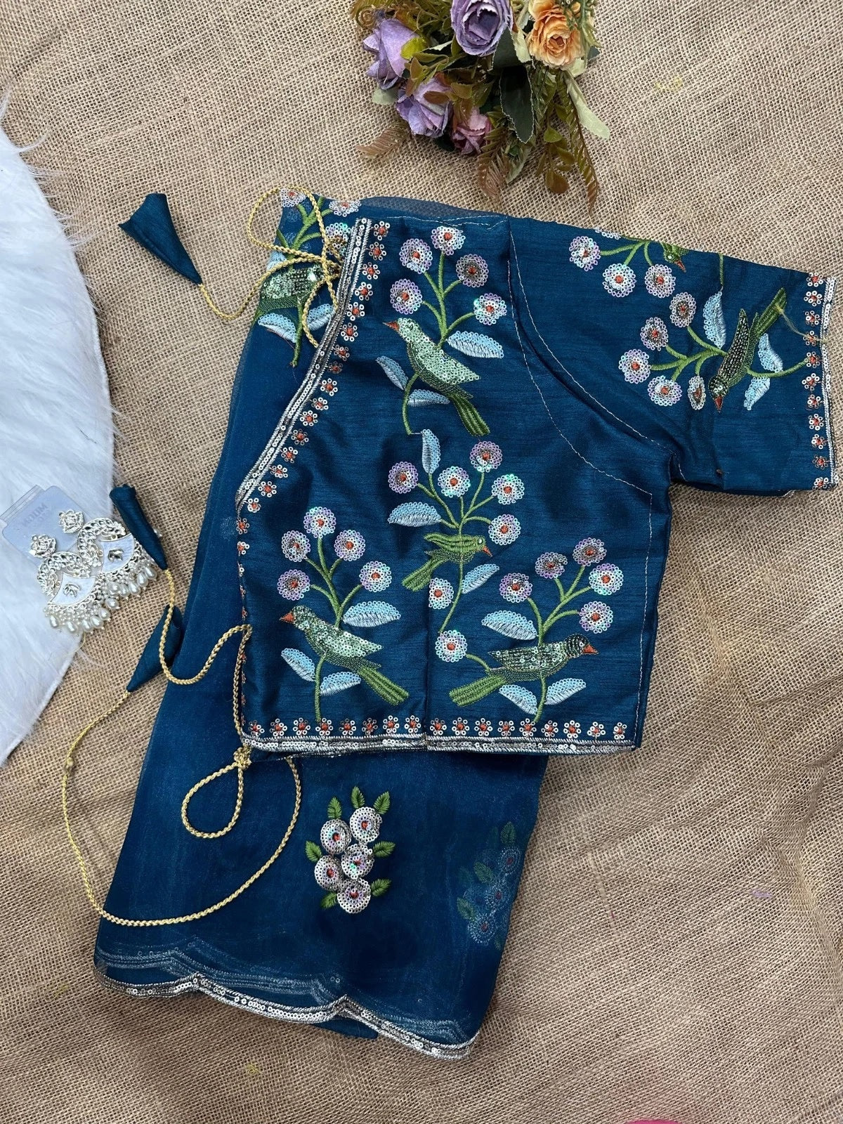 Soft Organza Saree With Embroidery Sequence Work Sari With Blouse