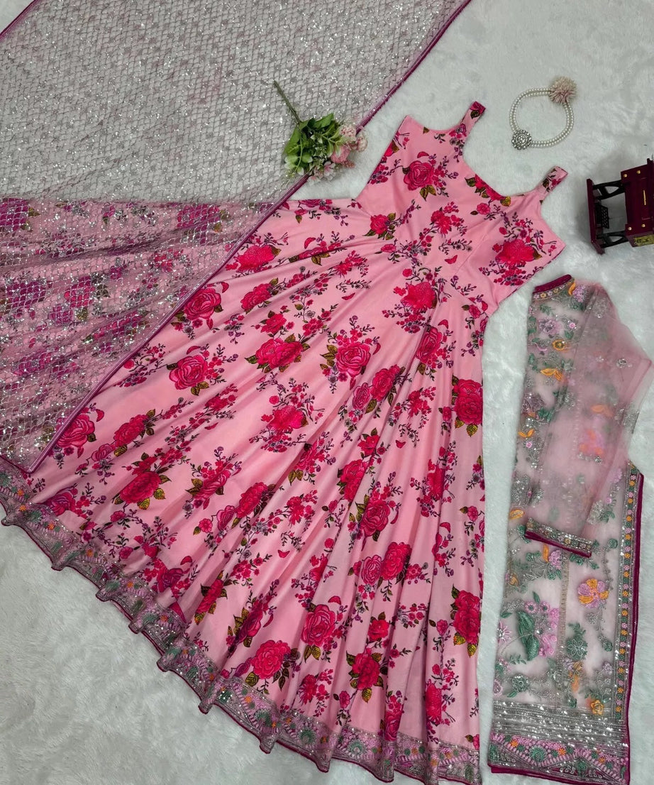 Butterfly Net With Thread & Sequence Work Bollywood Style Top Lehenga & Dupatta