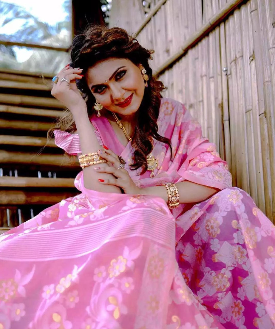 Soft Cotton Jamdani With Gold Zari Weaving Work  Sari & Blouse