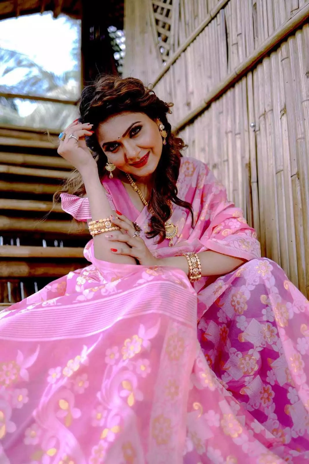 Soft Cotton Jamdani With Gold Zari Weaving Work  Sari & Blouse