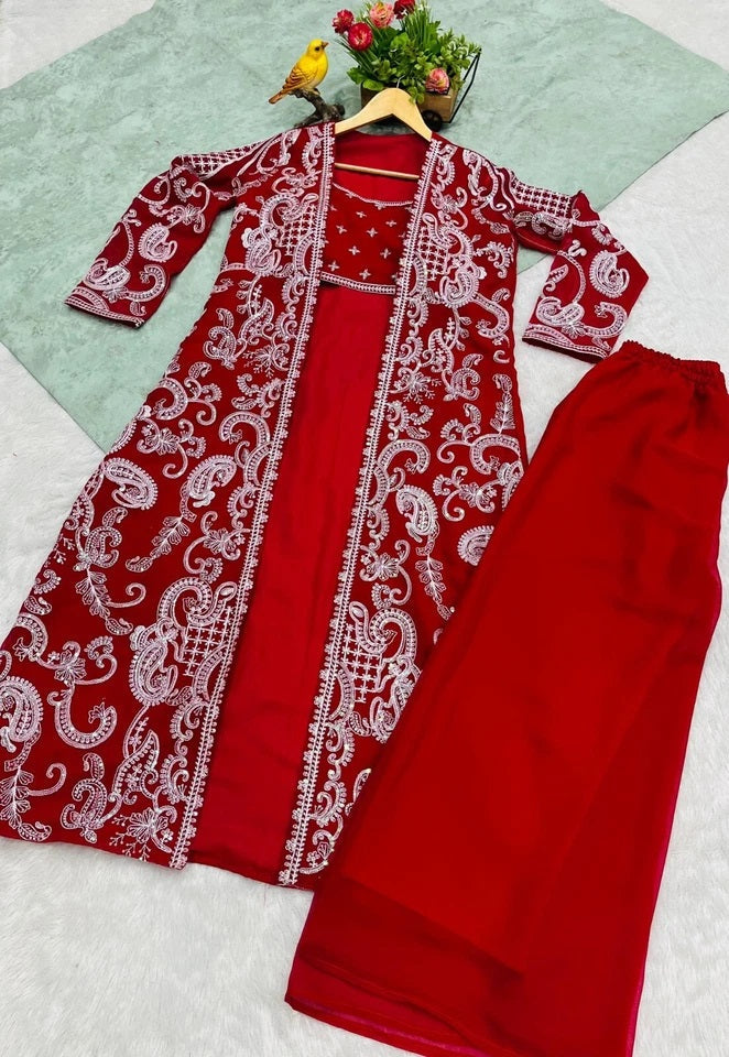 Faux Georgette With Designer  Embroidery Work Shrug - Palazzo & Blouse