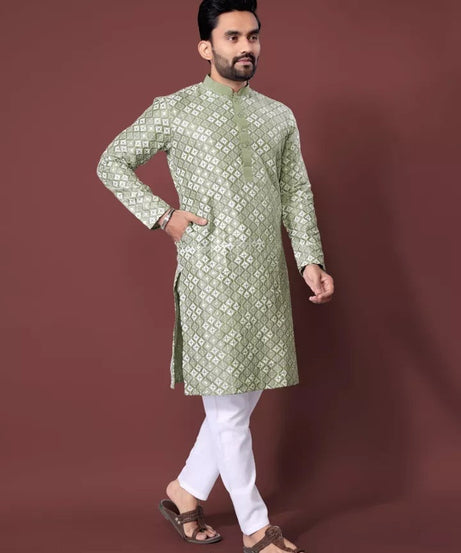 Soft Silk With White Embroidery Thread Work Kurta Pajama Set For Men's