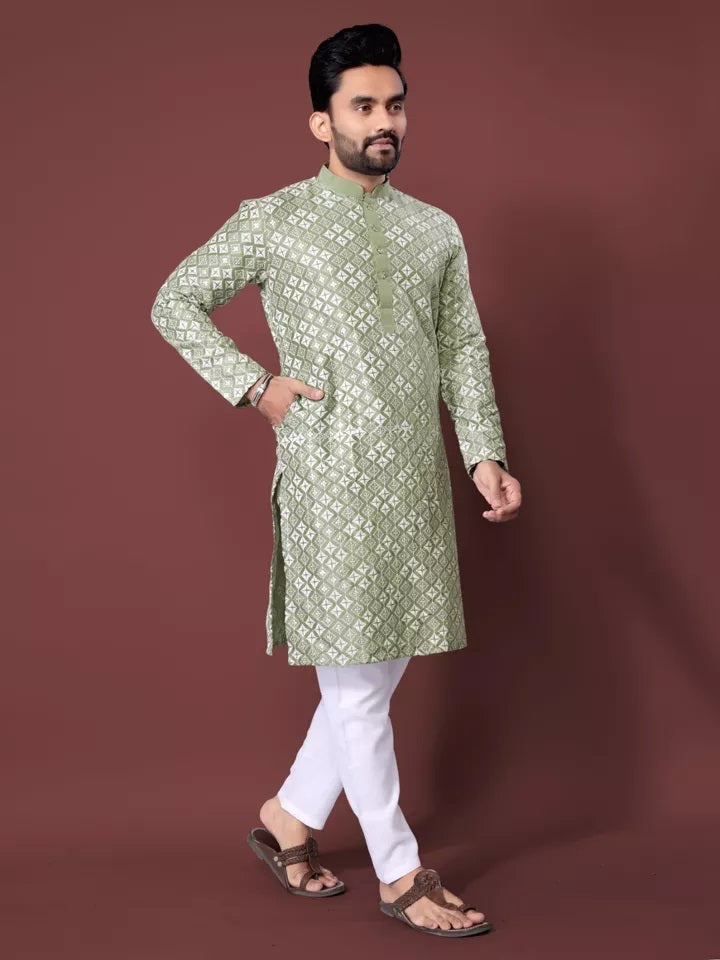 Soft Silk With White Embroidery Thread Work Kurta Pajama Set For Men's