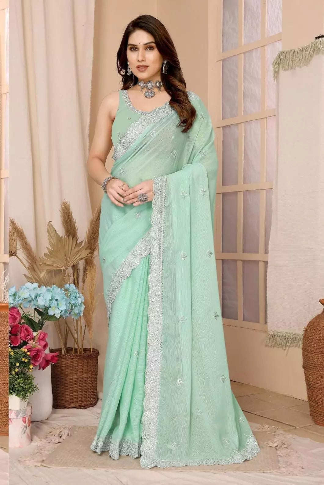 Traditional Party Zomato Chiffon Silk Saree, Wedding Bollywood Sari & Blouse