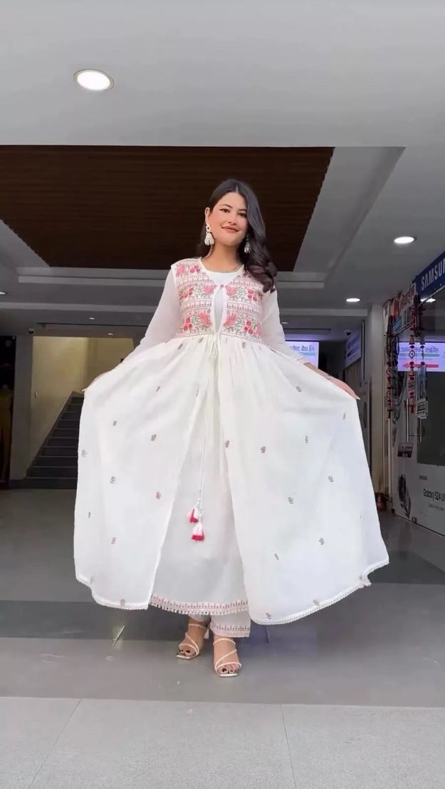 Faux Georgette Bollywood Full Stitched Kurti Shrug & Pant Dupatta