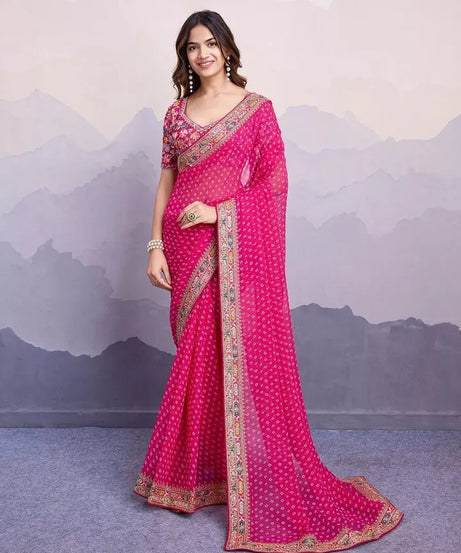 Georgette With Digital Print &Embroidery Work Sari With Blouse