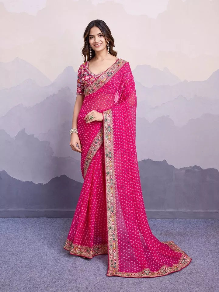 Georgette With Digital Print &Embroidery Work Sari With Blouse