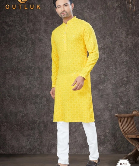 Traditional Wear Rayon Sifly Lakhnawi Kurta Pajama Set For Men's