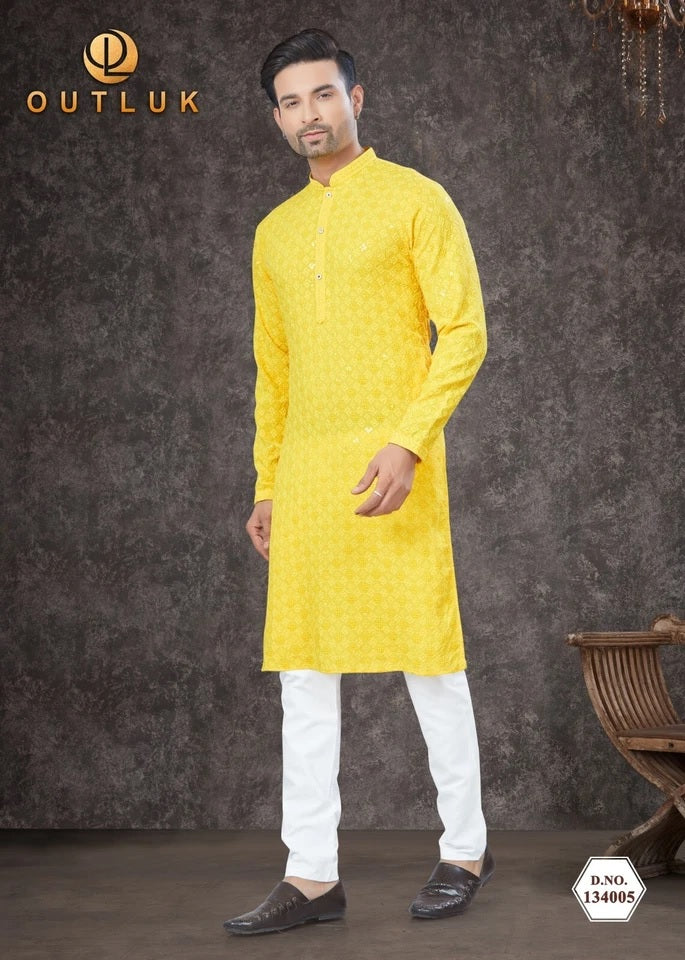 Traditional Wear Rayon Sifly Lakhnawi Kurta Pajama Set For Men's
