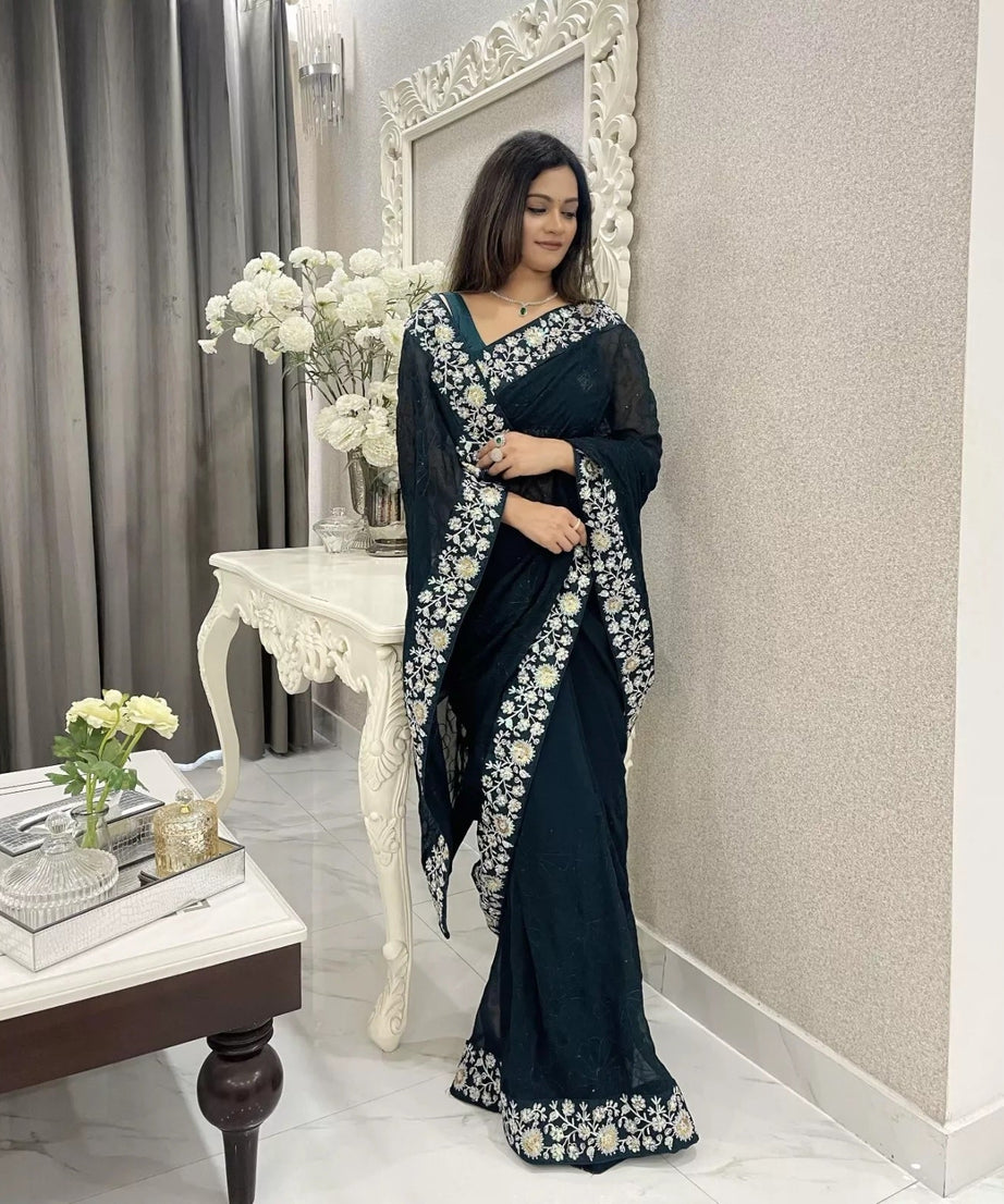 Party Wear Faux Georgette Saree, Indian Wedding Sari With Blouse