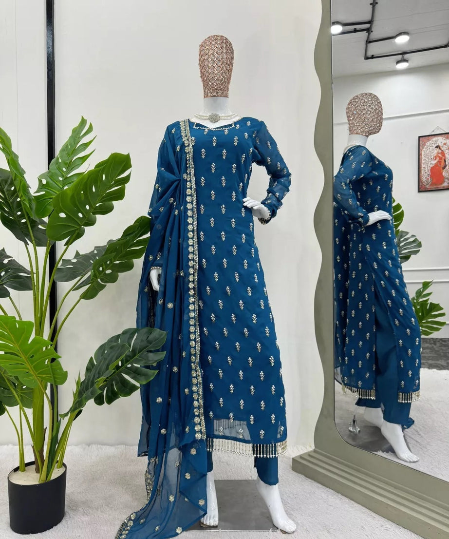 Traditional Fancy Wear Faux Georgette Top Pant With Dupatta