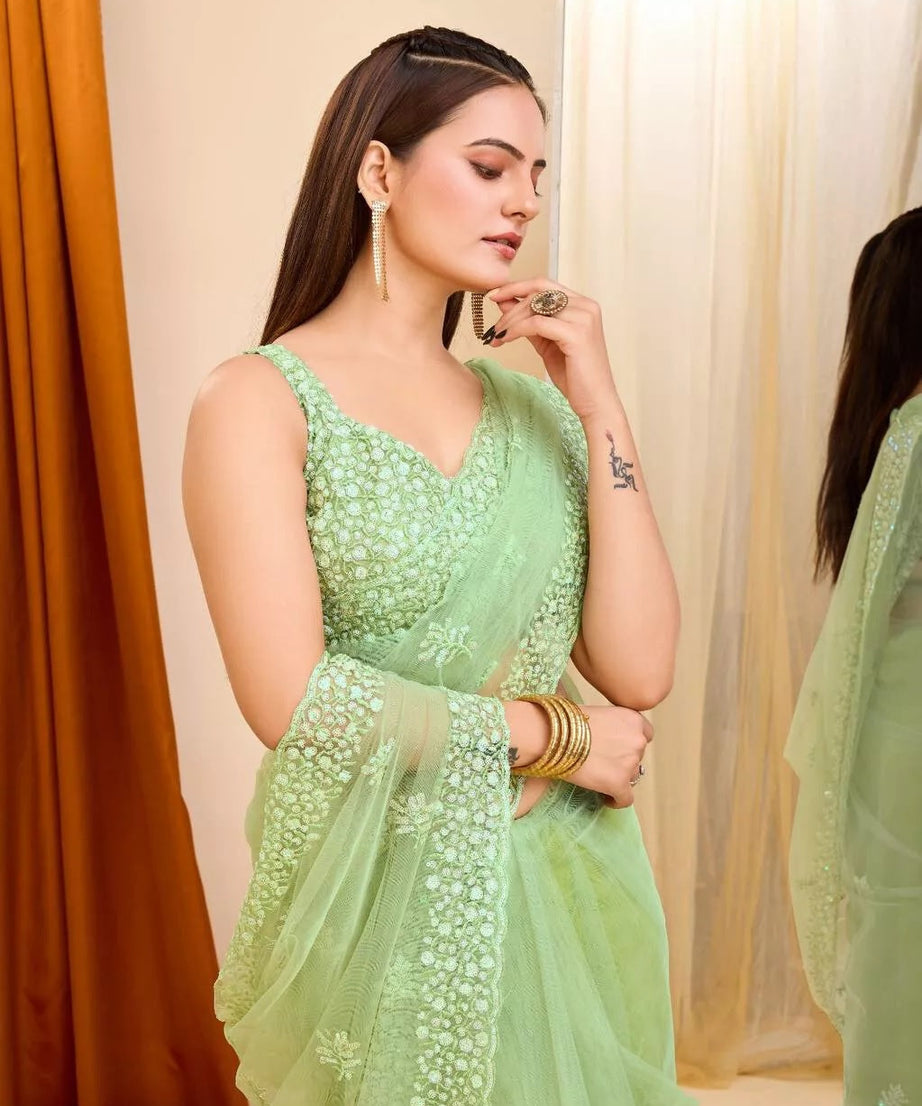 Soft Net  3MM Sequence Embroidery Work Saree & Blouse