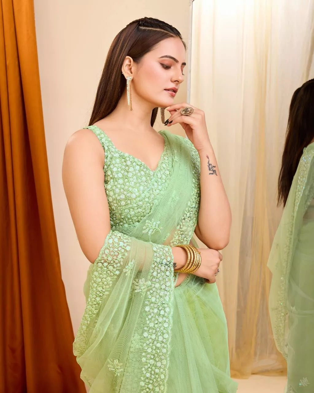 Soft Net  3MM Sequence Embroidery Work Saree & Blouse