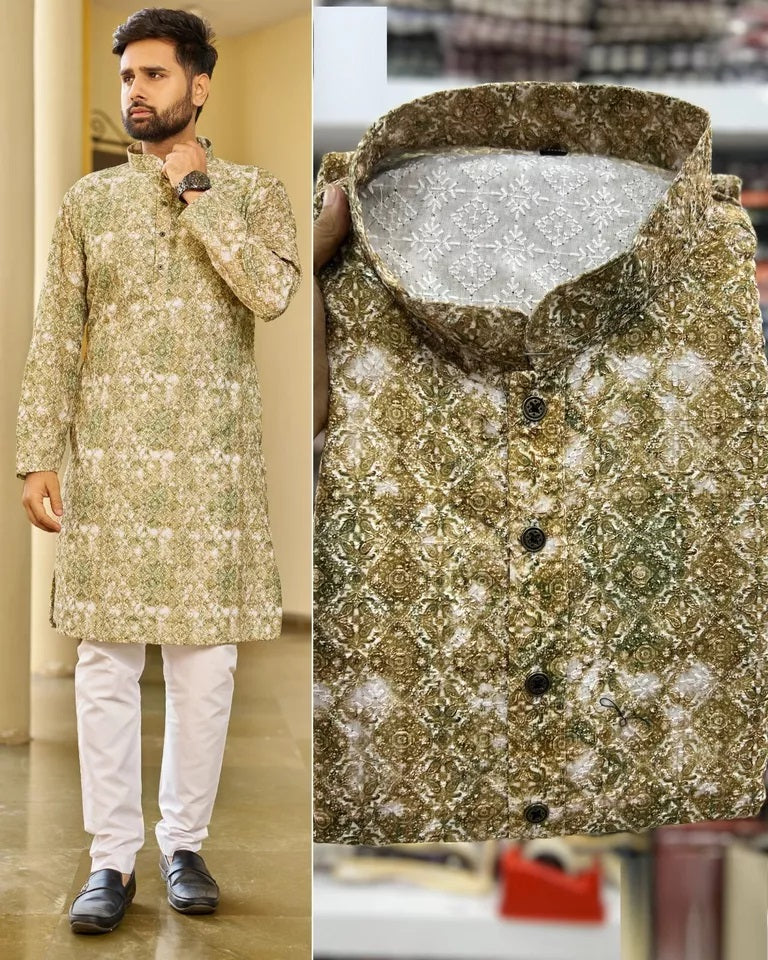 Men's FullStitched Heavy Rayon Schiffli Work Bollywood Kurta Pajama