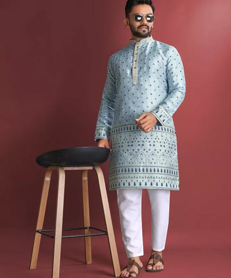 Stitched Heavy Jacquard Silk Indian Traditional Look Kurta Pajama For Men's