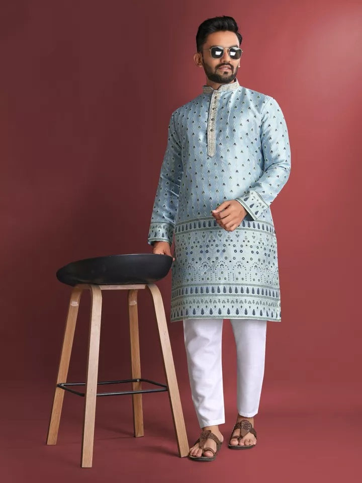 Stitched Heavy Jacquard Silk Indian Traditional Look Kurta Pajama For Men's