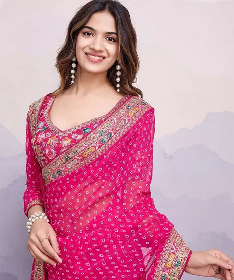 Georgette With Digital Print &Embroidery Work Sari With Blouse