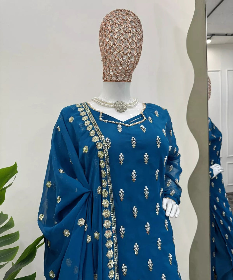 Traditional Fancy Wear Faux Georgette Top Pant With Dupatta