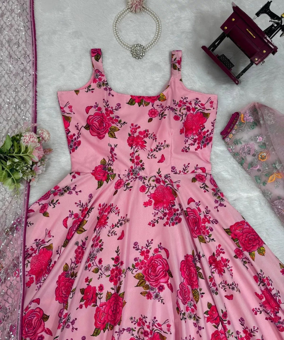 Butterfly Net With Thread & Sequence Work Bollywood Style Top Lehenga & Dupatta