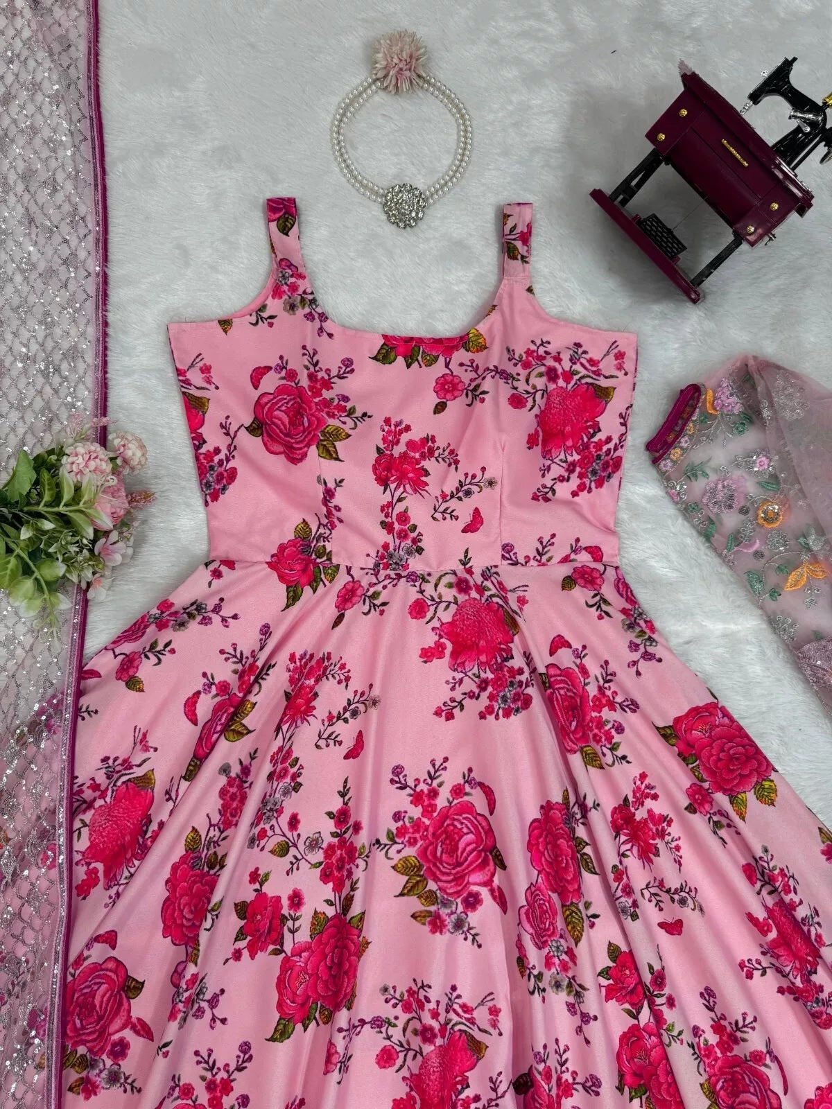 Butterfly Net With Thread & Sequence Work Bollywood Style Top Lehenga & Dupatta