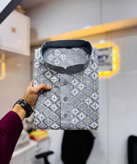 Soft Silk With White Embroidery Thread Work Kurta Pajama Set For Men's