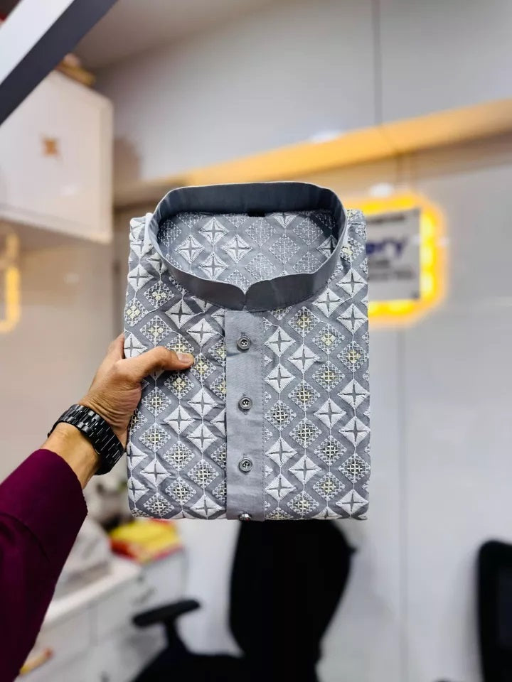 Soft Silk With White Embroidery Thread Work Kurta Pajama Set For Men's