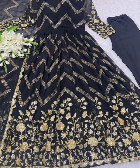 Fox Georgette With Embroidery Work With Full Sleeve Gown Bottom Dupatta Set