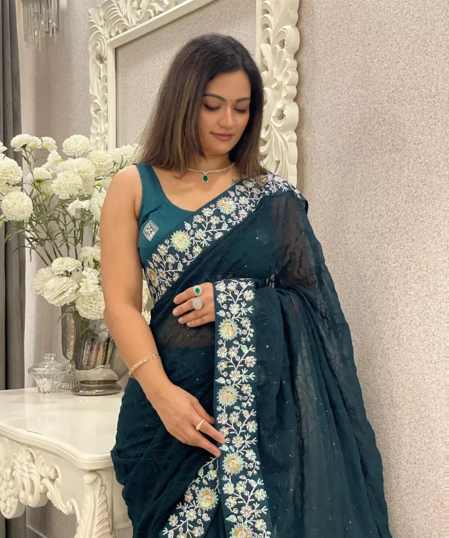 Party Wear Faux Georgette Saree, Indian Wedding Sari With Blouse