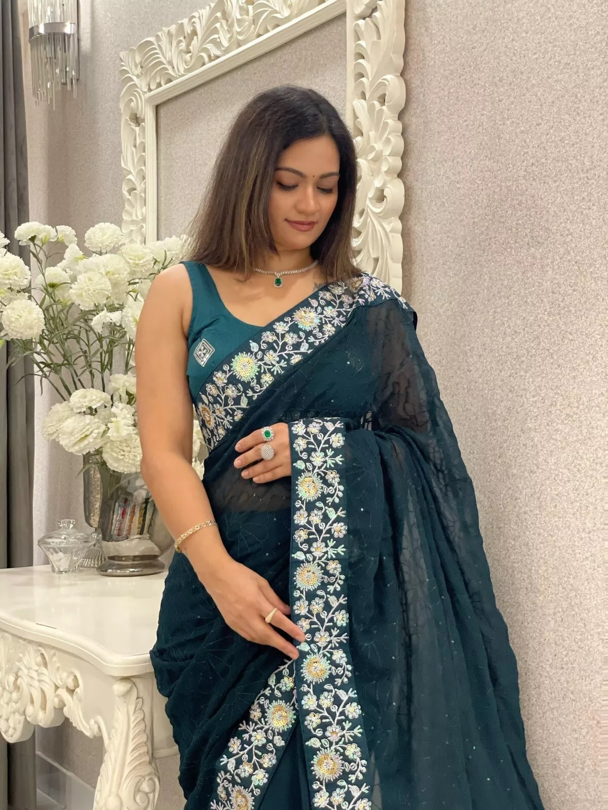 Georgette With Designer Floral Embroidery Work Sari & Blouse