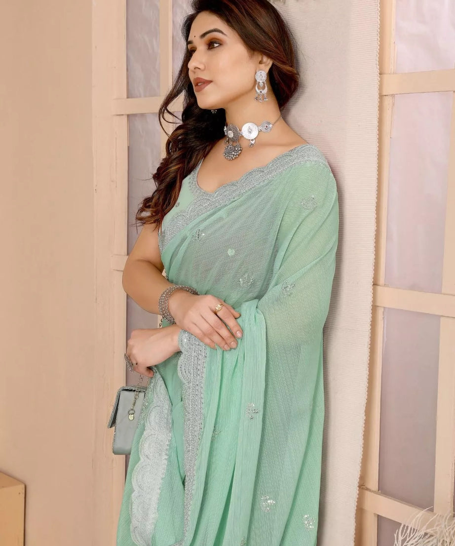 Traditional Party Zomato Chiffon Silk Saree, Wedding Bollywood Sari & Blouse